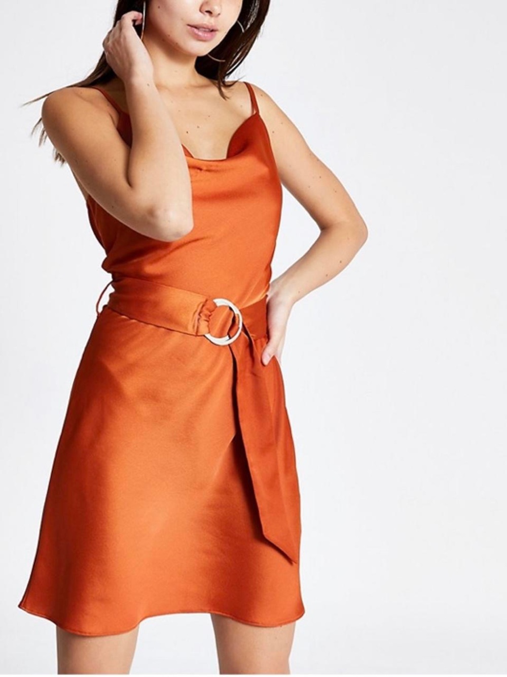 River Island Orange Satin Cowl Neck Mini Dress with Belt 8